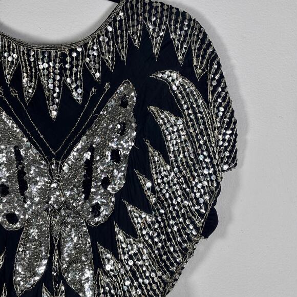 Vintage Silk Butterfly Sequin Top Black & Silver Women’s Size M New Years Eve - Picture 12 of 15